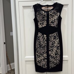 Joseph Ribkoff Dress Womens 10 Black Beige Sheer Mesh Illusion Bodycon Cocktail